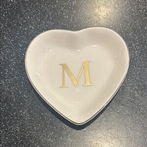 Heart-Shaped White Ceramic Ring holder  with Gold M monogram